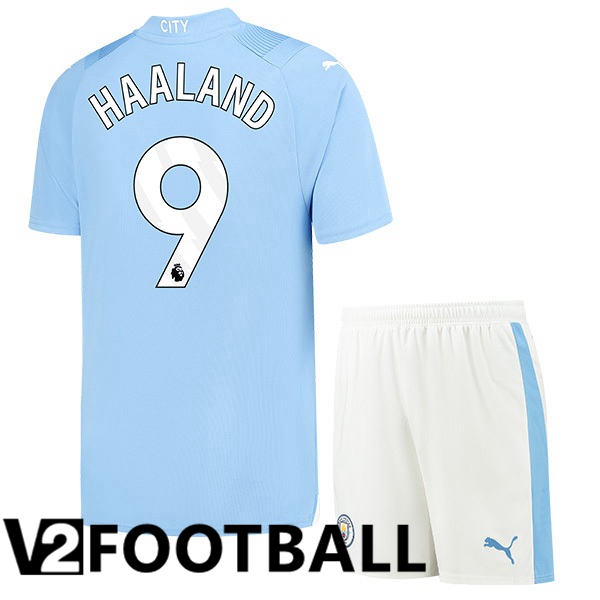 Manchester City Erling Haaland 9 Kids Home Soccer Shirt Blue 2023/2024