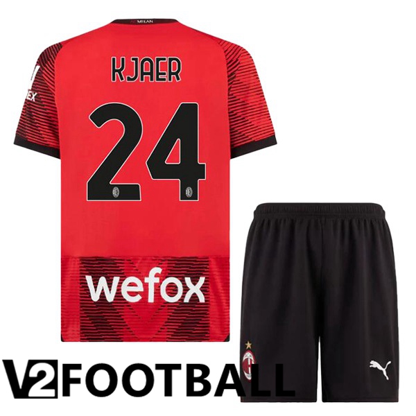 AC Milan Kjaer 24 Kids Home Soccer Shirt Red 2023/2024