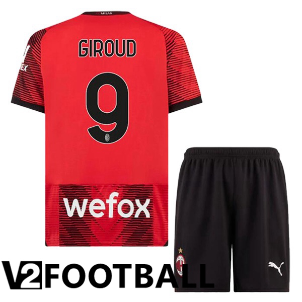 AC Milan Giroud 9 Kids Home Soccer Shirt Red 2023/2024