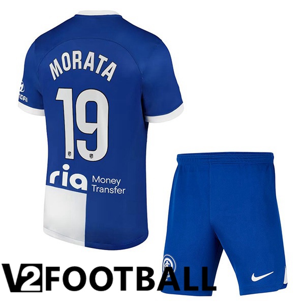Atletico Madrid Morata 19 Kids Away Soccer Shirt Blue 2023/2024