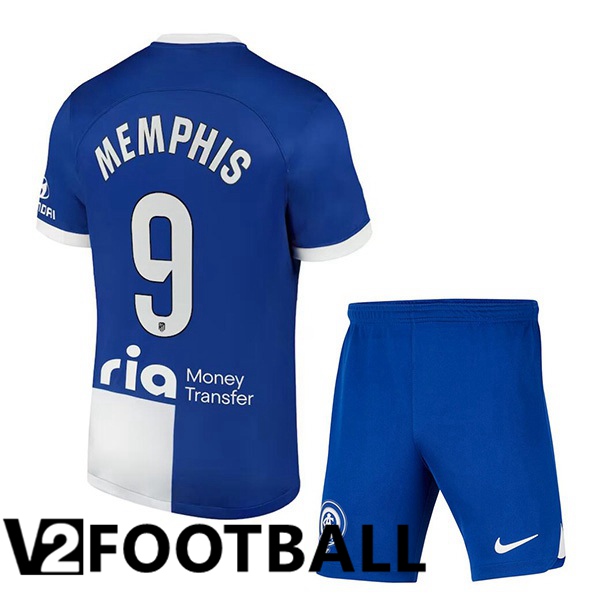 Atletico Madrid Memphis 9 Kids Away Soccer Shirt Blue 2023/2024