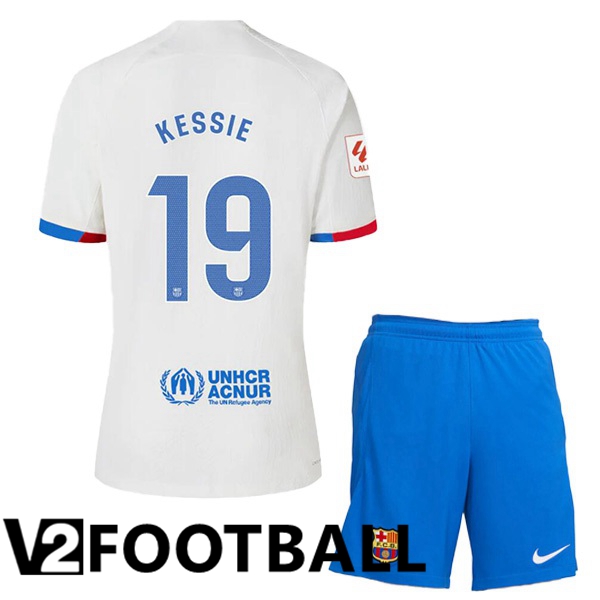 FC Barcelona KESSIE 19 Kids Away Soccer Shirt White 2023/2024
