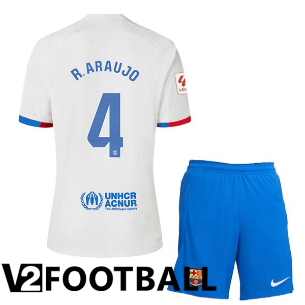 FC Barcelona R. ARAUJO 4 Kids Away Soccer Shirt White 2023/2024