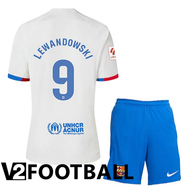 FC Barcelona LEWANDOWSKI 9 Kids Away Soccer Shirt White 2023/2024