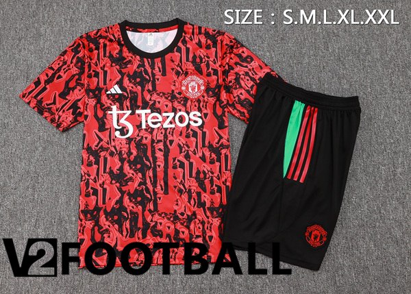 Manchester United Training T Shirt + Shorts Red Black 2023/2024