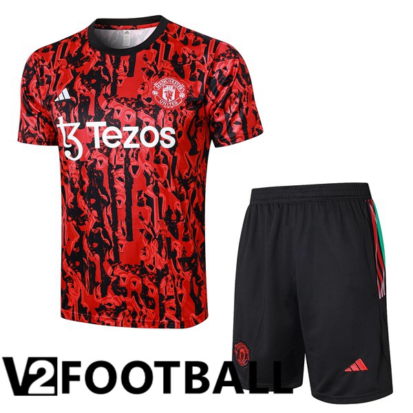 Manchester United Training T Shirt + Shorts Red Black 2023/2024