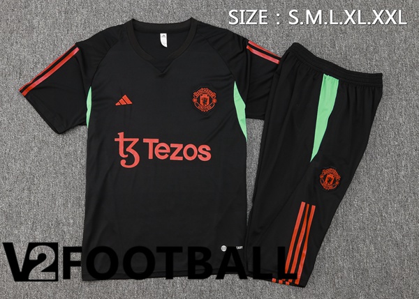 Manchester United Training T Shirt + Shorts Black Red 2023/2024