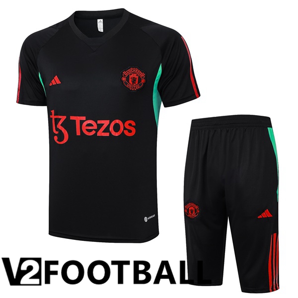 Manchester United Training T Shirt + Shorts Black Red 2023/2024