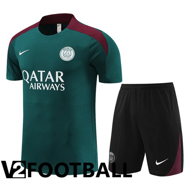 Paris PSG Training T Shirt + Shorts Green 2023/2024