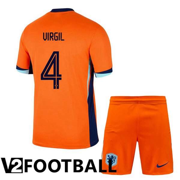 Netherlands (VIRGIL 4) Kids Home Soccer Shirt Orange 2024/2025