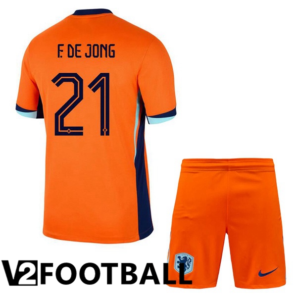 Netherlands (F. DE JONG 21) Kids Home Soccer Shirt Orange UEFA Euro 2024