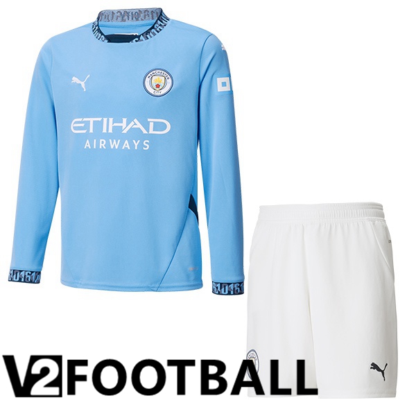 Manchester City Kids Home Soccer Shirt Long sleeve Blue 2024/2025