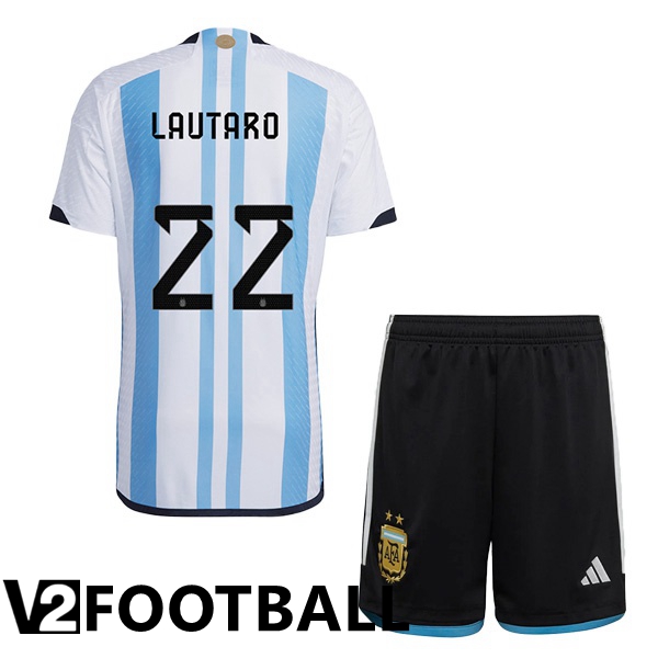 Argentina (LAUTARO 22) Kids Home Shirts Blue White World Cup 2022