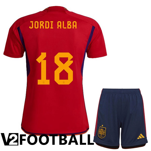Spain (JORDI ALBA 18) Kids Home Shirts Red World Cup 2022