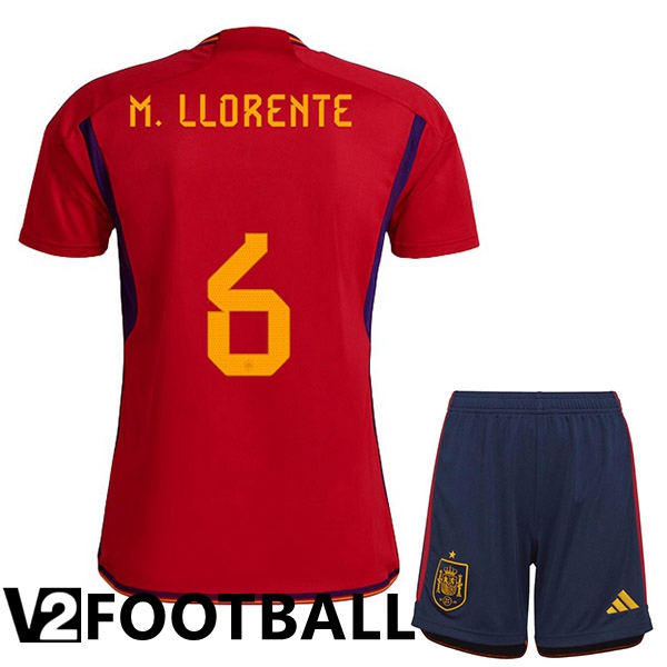 Spain (M.LLORENTE 6) Kids Home Shirts Red World Cup 2022