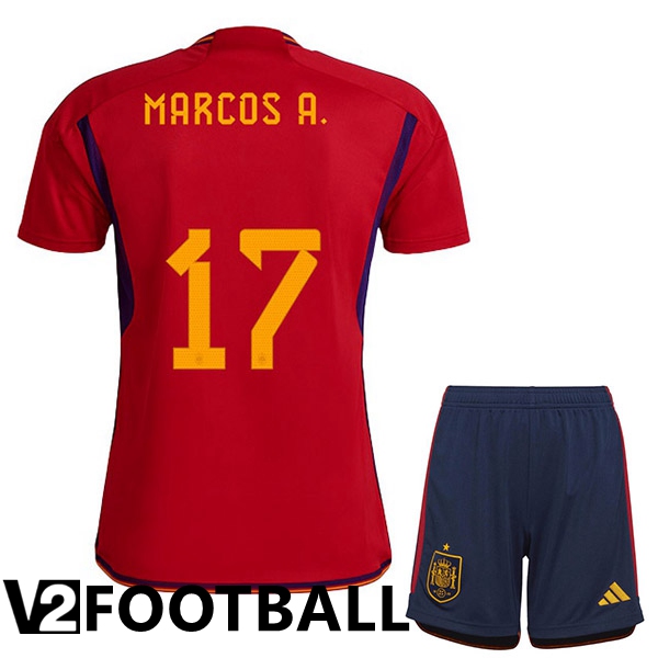 Spain (MARCOS A. 17) Kids Home Shirts Red World Cup 2022