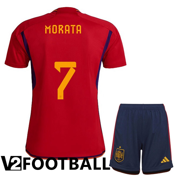 Spain (MORATA 7) Kids Home Shirts Red World Cup 2022