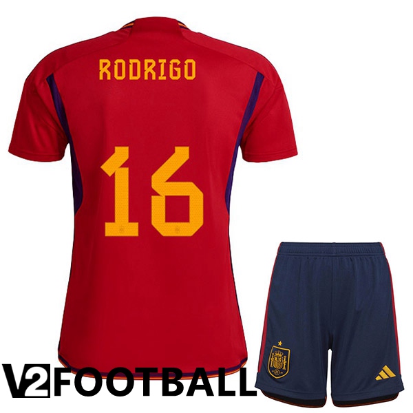 Spain (RODRIGO 16) Kids Home Shirts Red World Cup 2022