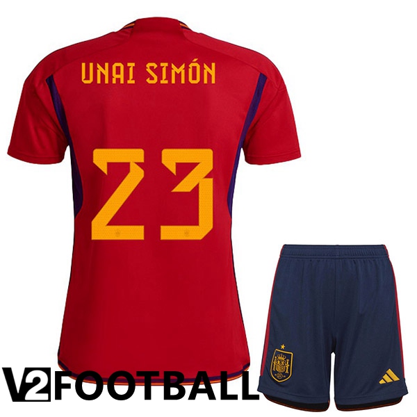Spain (UNAI SIM脫N 23) Kids Home Shirts Red World Cup 2022