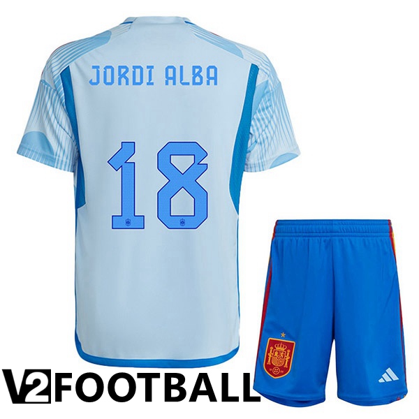 Spain (JORDI ALBA 18) Kids Away Shirts Blue White World Cup 2022
