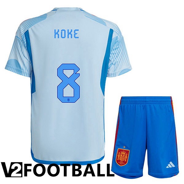 Spain (KOKE 8) Kids Away Shirts Blue White World Cup 2022
