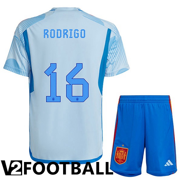 Spain (RODRIGO 16) Kids Away Shirts Blue White World Cup 2022