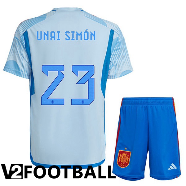 Spain (UNAI SIM脫N 23) Kids Away Shirts Blue White World Cup 2022