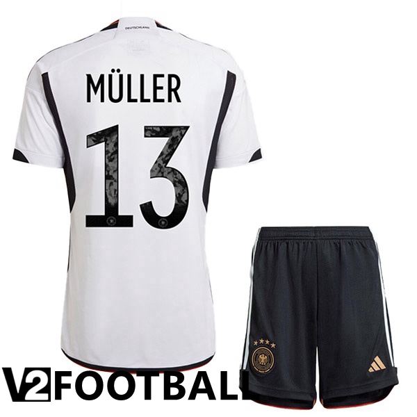 Germany (M脺LLER 13) Kids Home Shirts Black White World Cup 2022