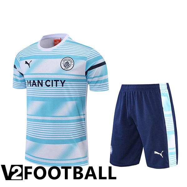 Manchester City Training T Shirt + Shorts White Blue 2022/2023