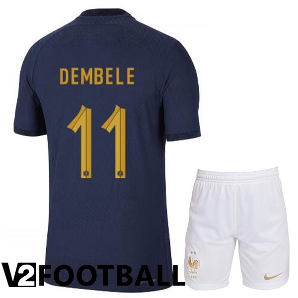 France (DEMBELE 11) Kids Home Shirts Royal Blue World Cup 2022