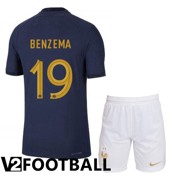 France (BENZEMA 19) Kids Home Shirts Royal Blue World Cup 2022