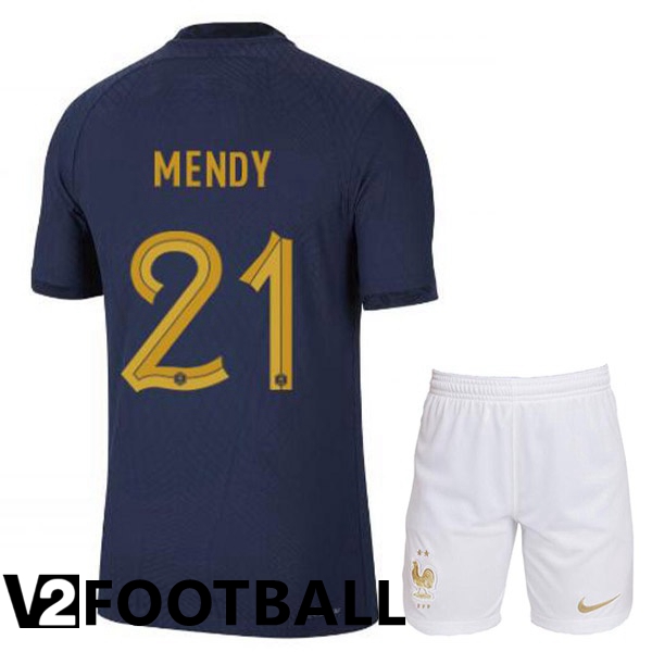 France (MENDY 21) Kids Home Shirts Royal Blue World Cup 2022