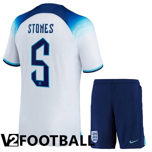 England (STONES 5) Kids Home Shirts White World Cup 2022