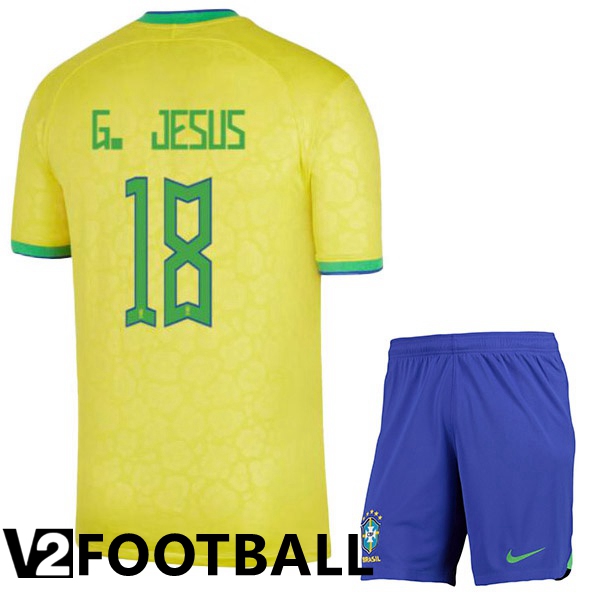 Brazil (G. JESUS 18) Kids Home Shirts Yellow World Cup 2022