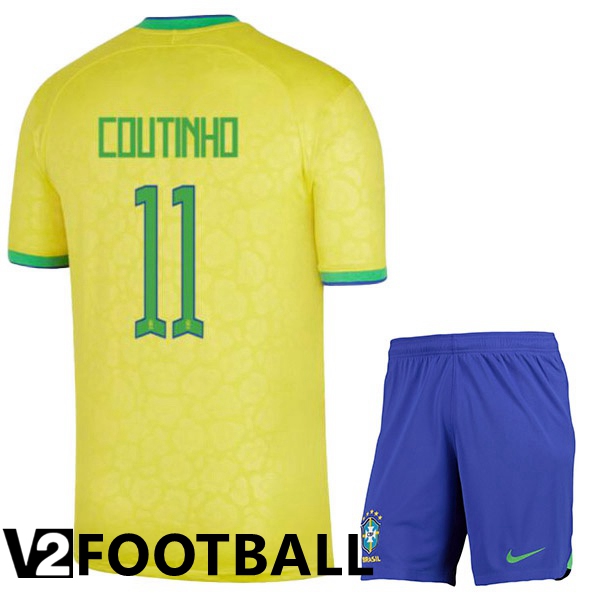 Brazil (COUTINHO 11) Kids Home Shirts Yellow World Cup 2022