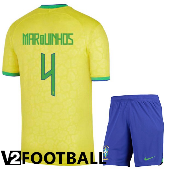 Brazil (MARQUINHOS 4) Kids Home Shirts Yellow World Cup 2022