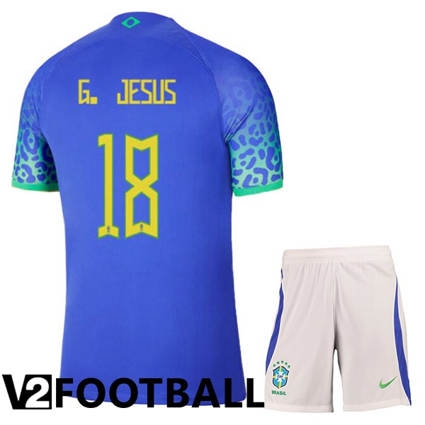 Brazil (G. JESUS 18) Kids Away Shirts Blue World Cup 2022