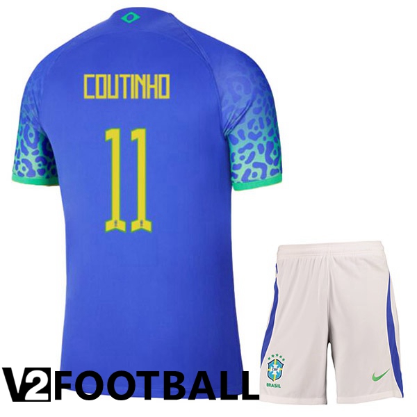 Brazil (COUTINHO 11) Kids Away Shirts Blue World Cup 2022