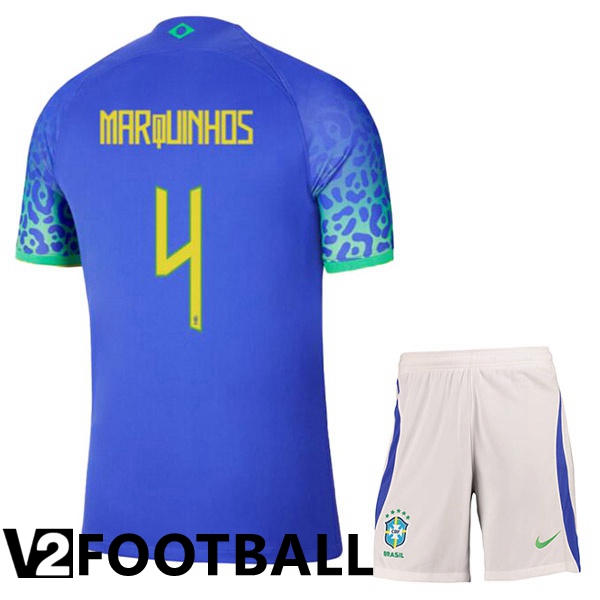 Brazil (MARQUINHOS 4) Kids Away Shirts Blue World Cup 2022